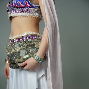 Mary Frances Labradorite Metallic Beaded Crossbody Clutch